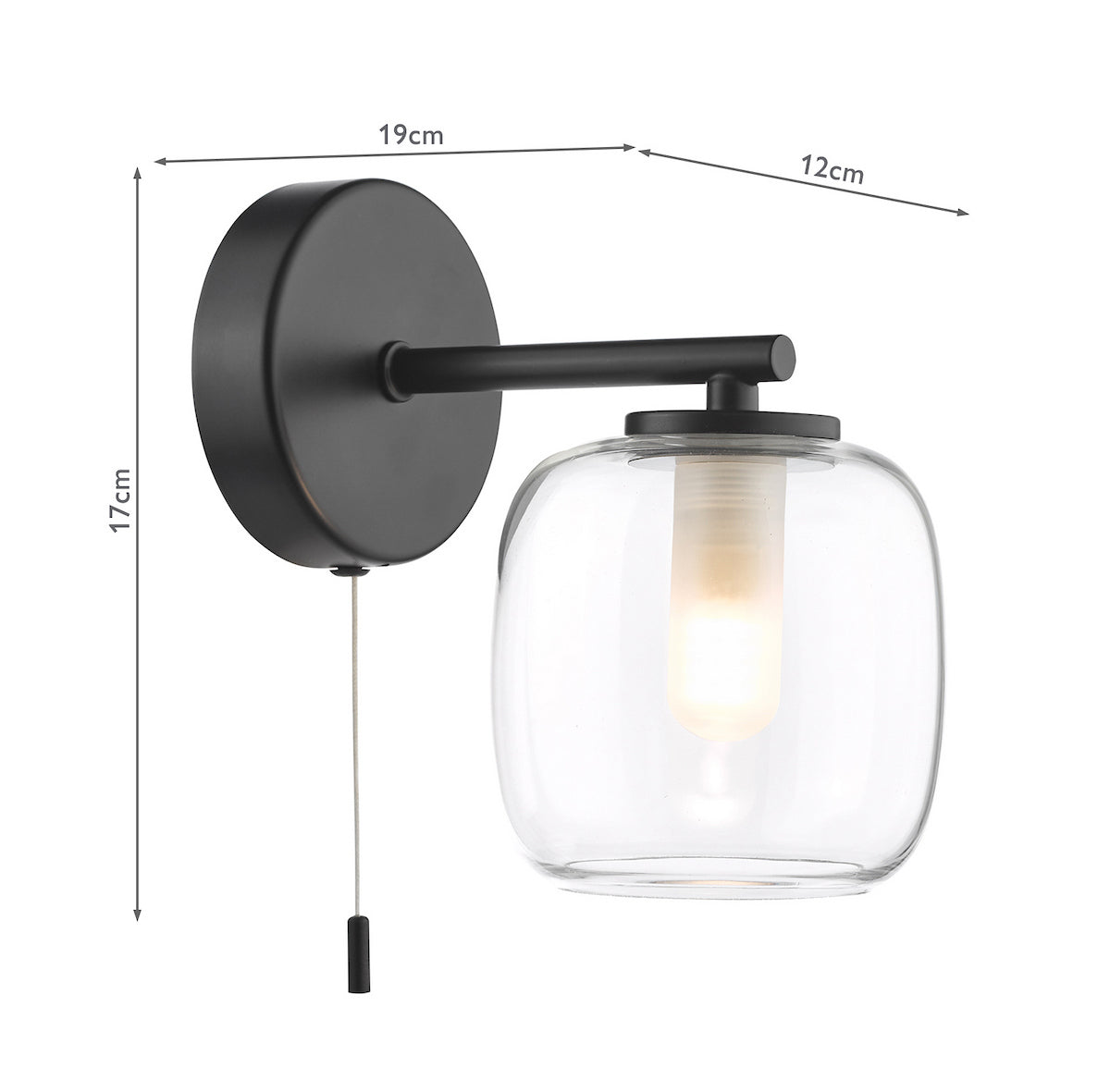 Black wall light with a clear glass shade and a pull cord switch, showing dimensions of 19cm, 17cm, and 12cm
