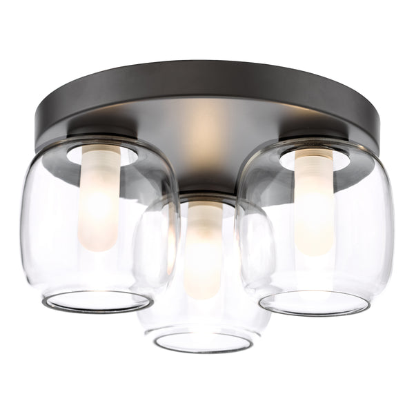 Three light ceiling fixture with clear glass shades and dark bronze finish