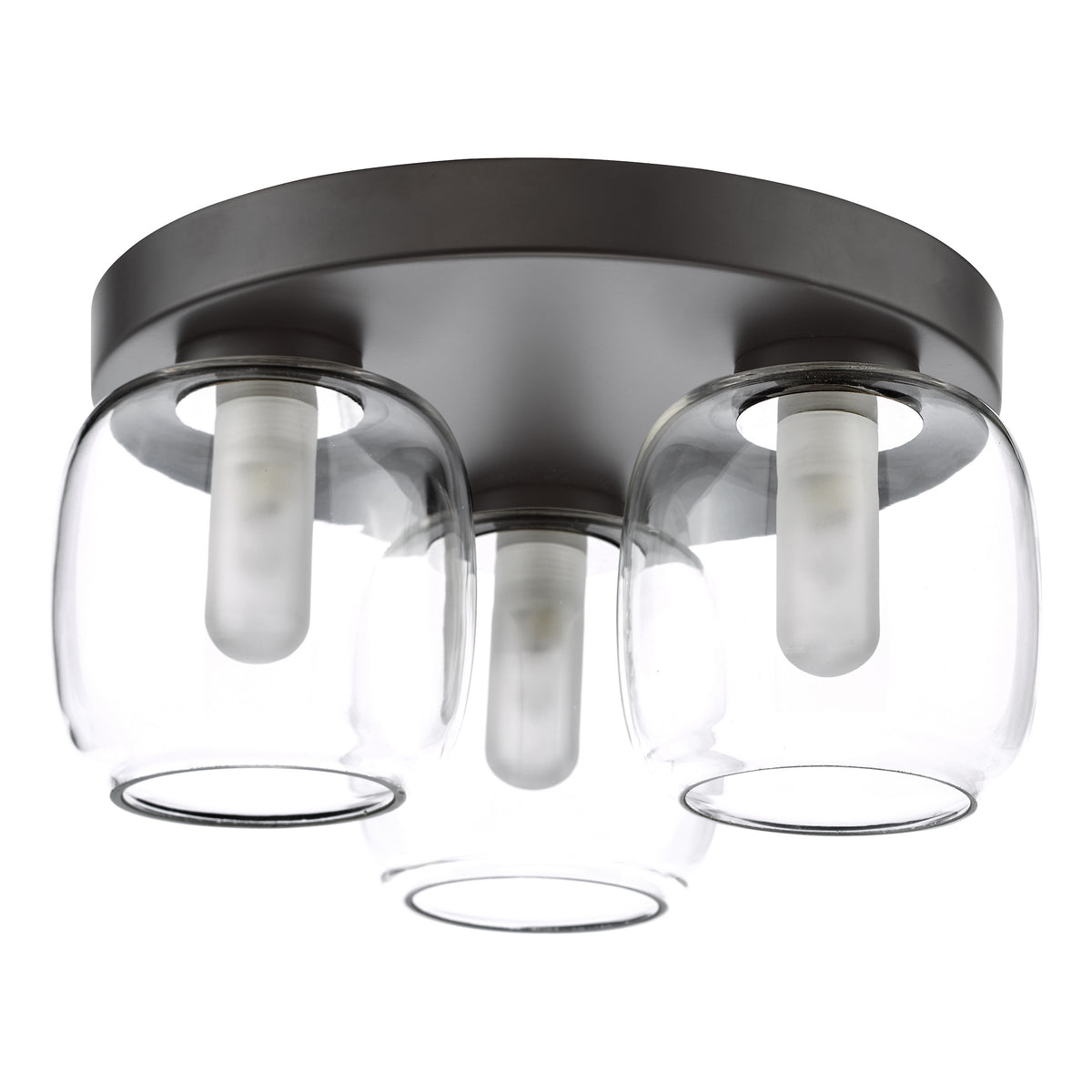 Three light ceiling fixture with clear glass shades and dark bronze finish
