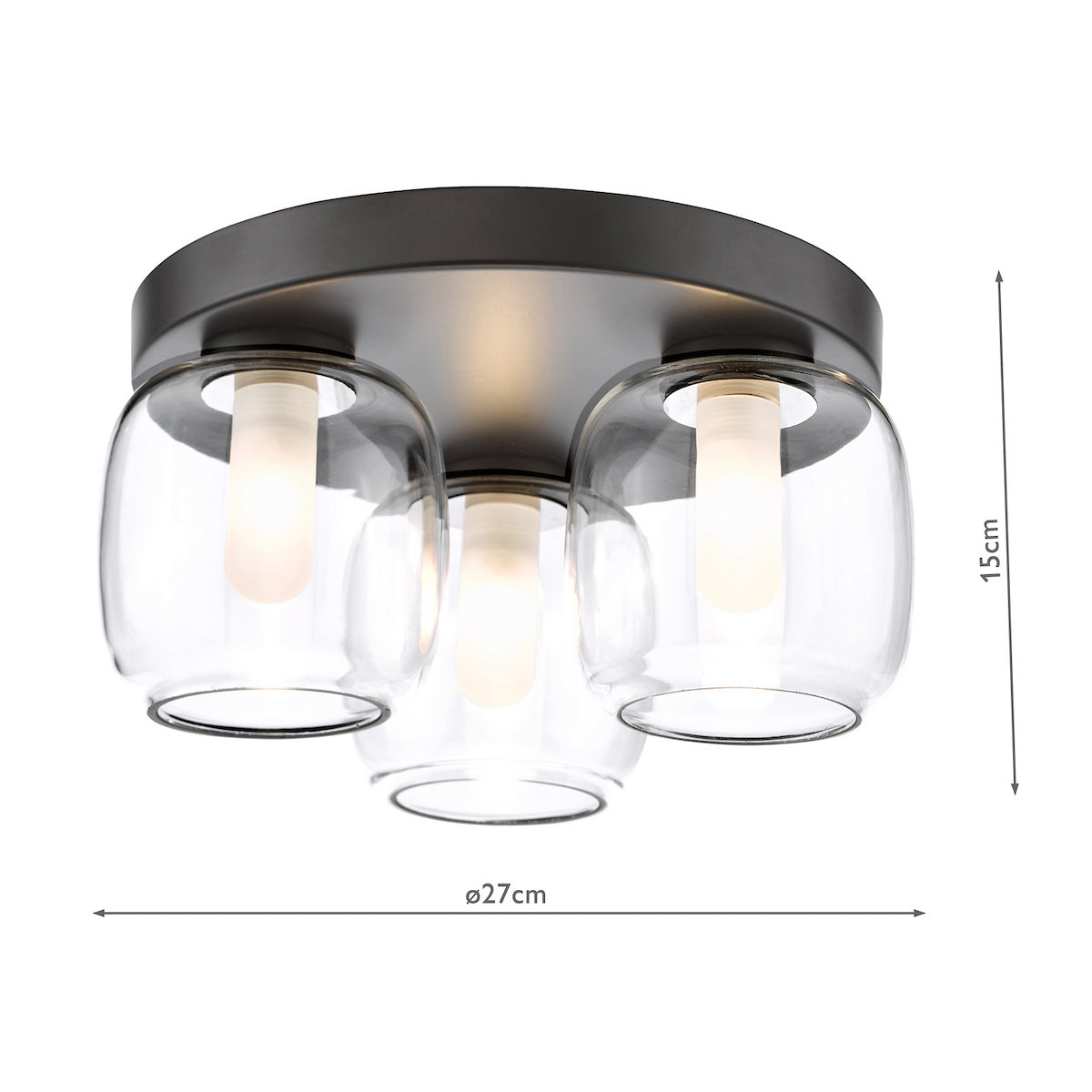 Three light ceiling lamp with glass shades and dimensions
