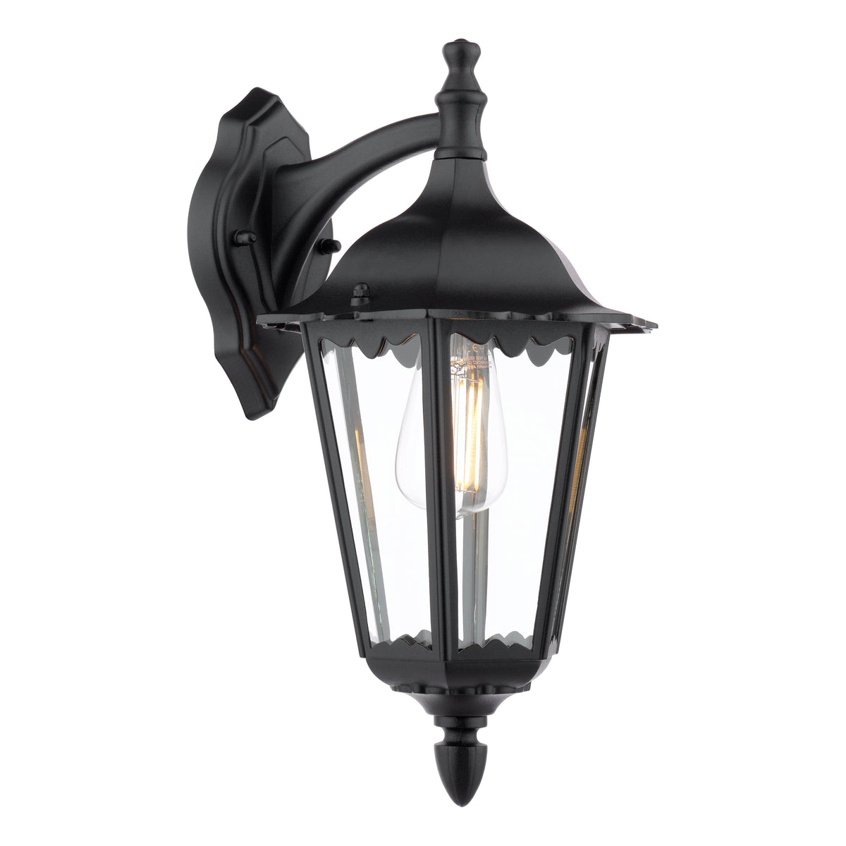 Black outdoor wall lantern with clear glass panels and an exposed filament bulb