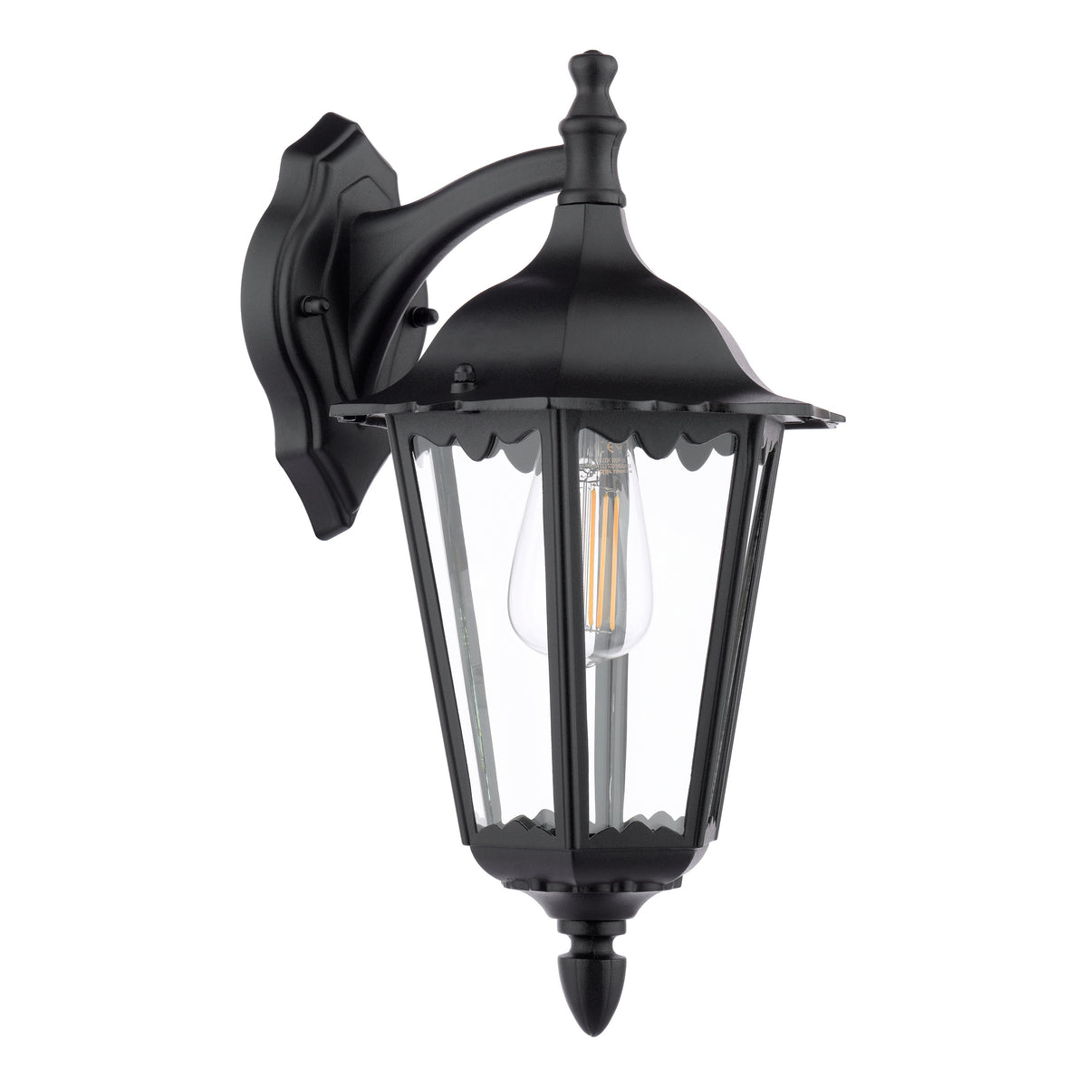 Black outdoor wall light with clear glass panels and an exposed filament bulb
