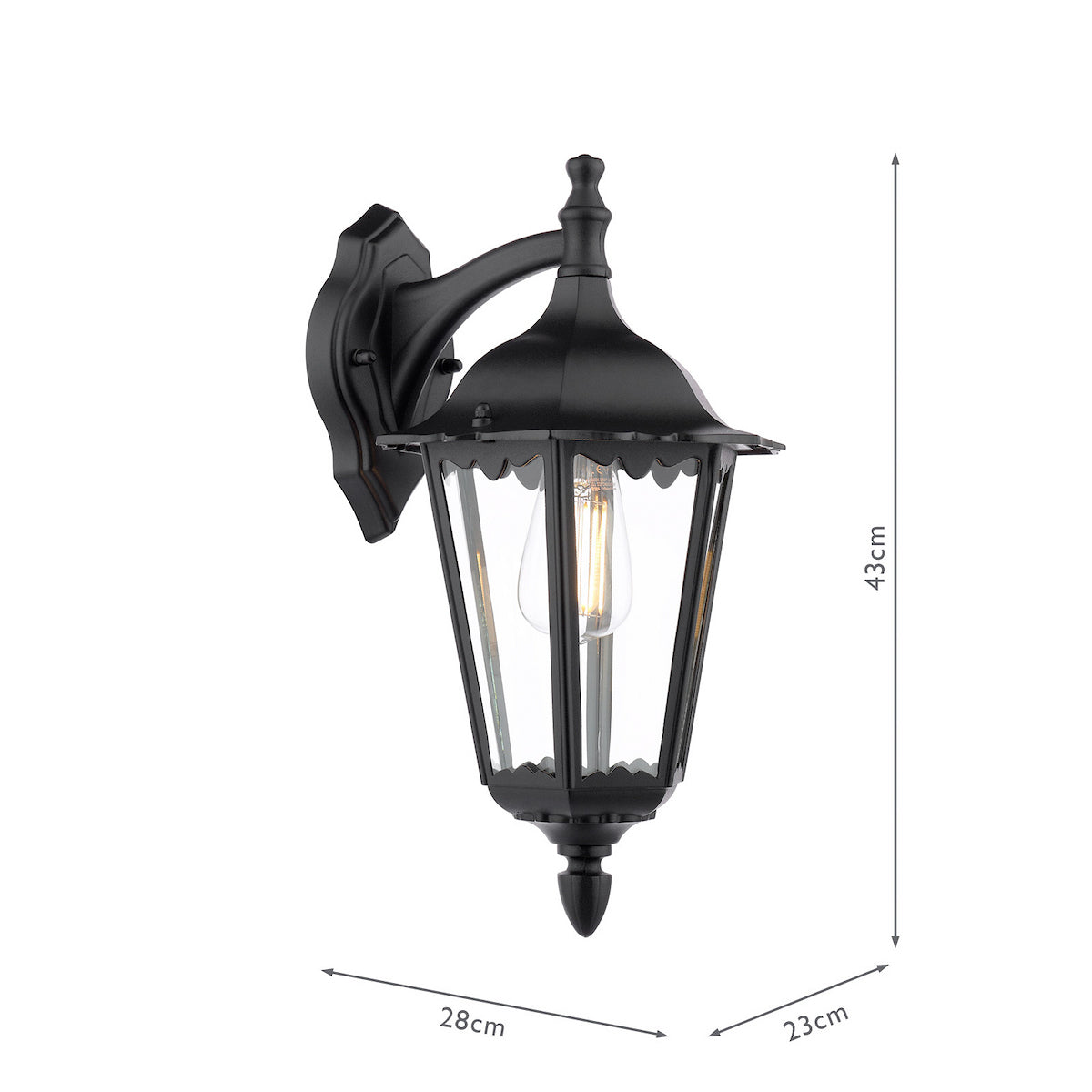 Black outdoor wall light with clear glass panels and an exposed filament bulb, showing dimensions