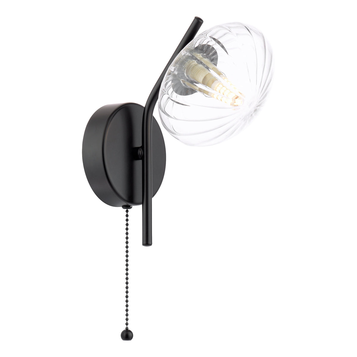 Black wall sconce with a clear ribbed glass shade and a pull chain switch