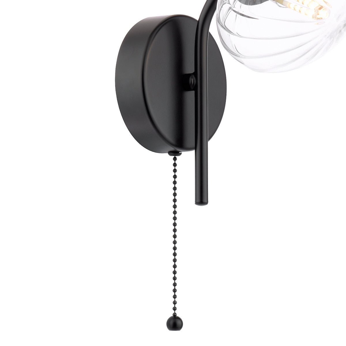 Black wall sconce with a clear ribbed glass shade and a pull chain switch