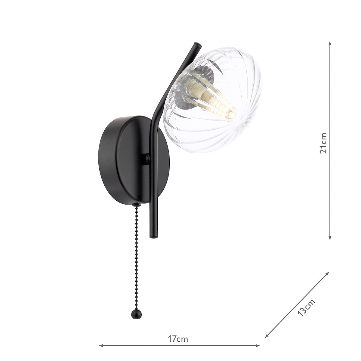 Black wall light with a clear ribbed glass shade and pull chain switch, dimensions 21cm by 17cm by 13cm
