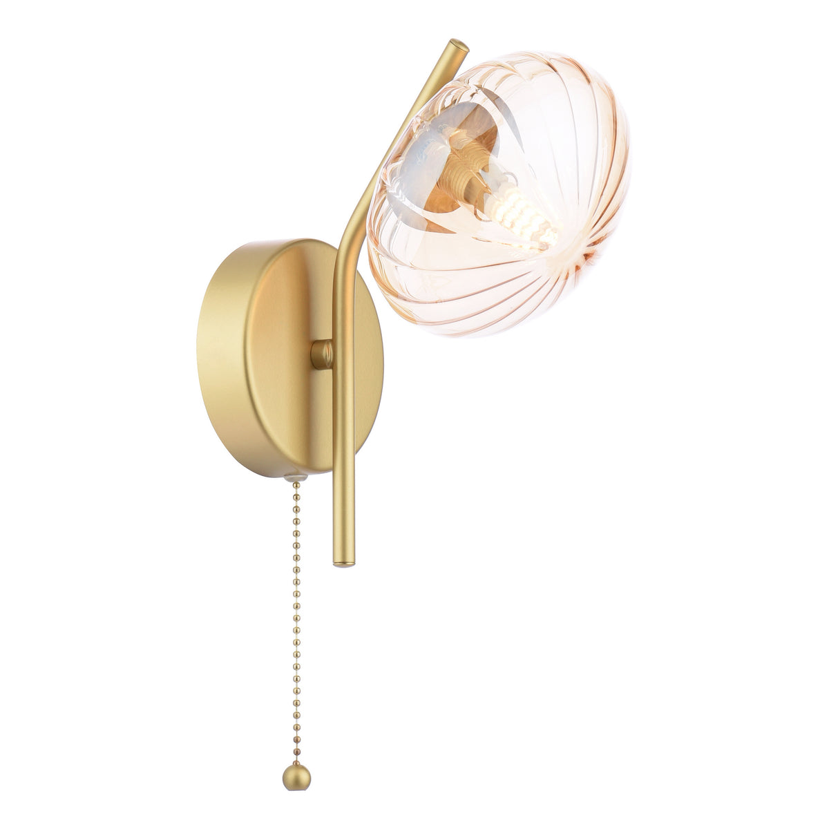 Gold wall sconce with a clear, ribbed glass shade and a pull chain switch