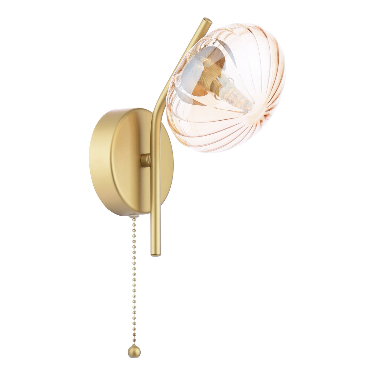 Gold wall sconce with a clear fluted glass shade and a pull chain switch