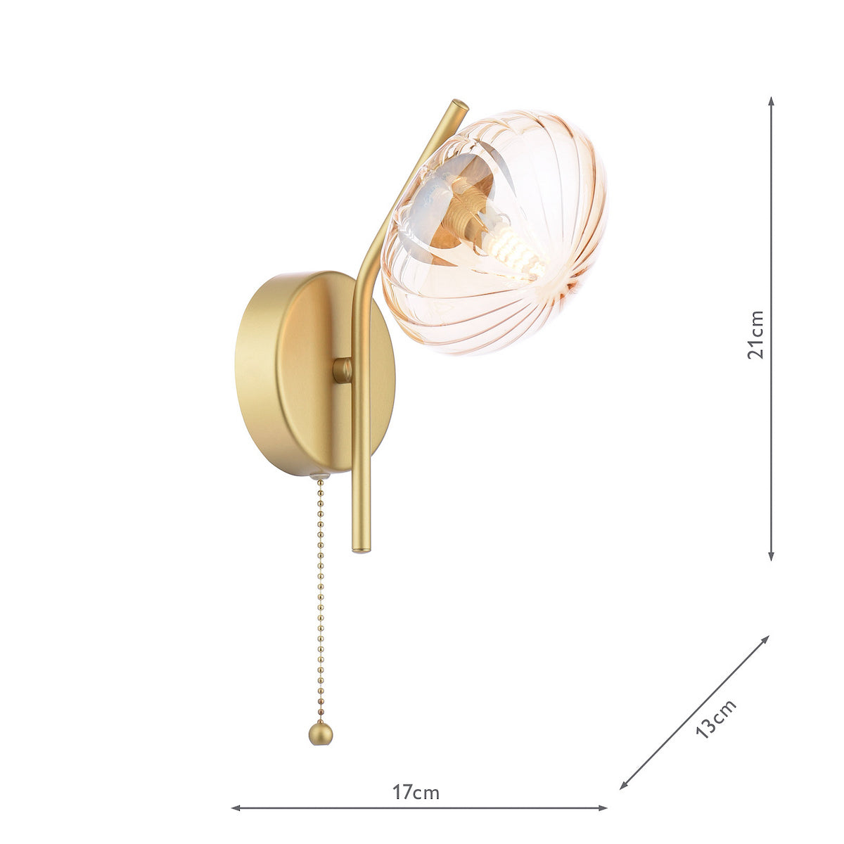 Gold wall light with a fluted glass shade and a pull chain switch, dimensions 21cm by 17cm by 13cm