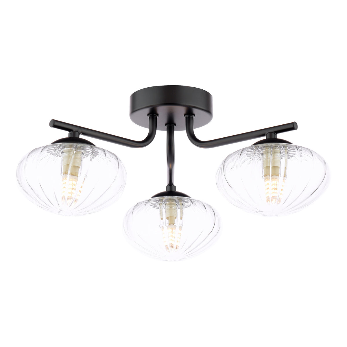 Three-light ceiling fixture with black metal arms and clear ribbed glass shades
