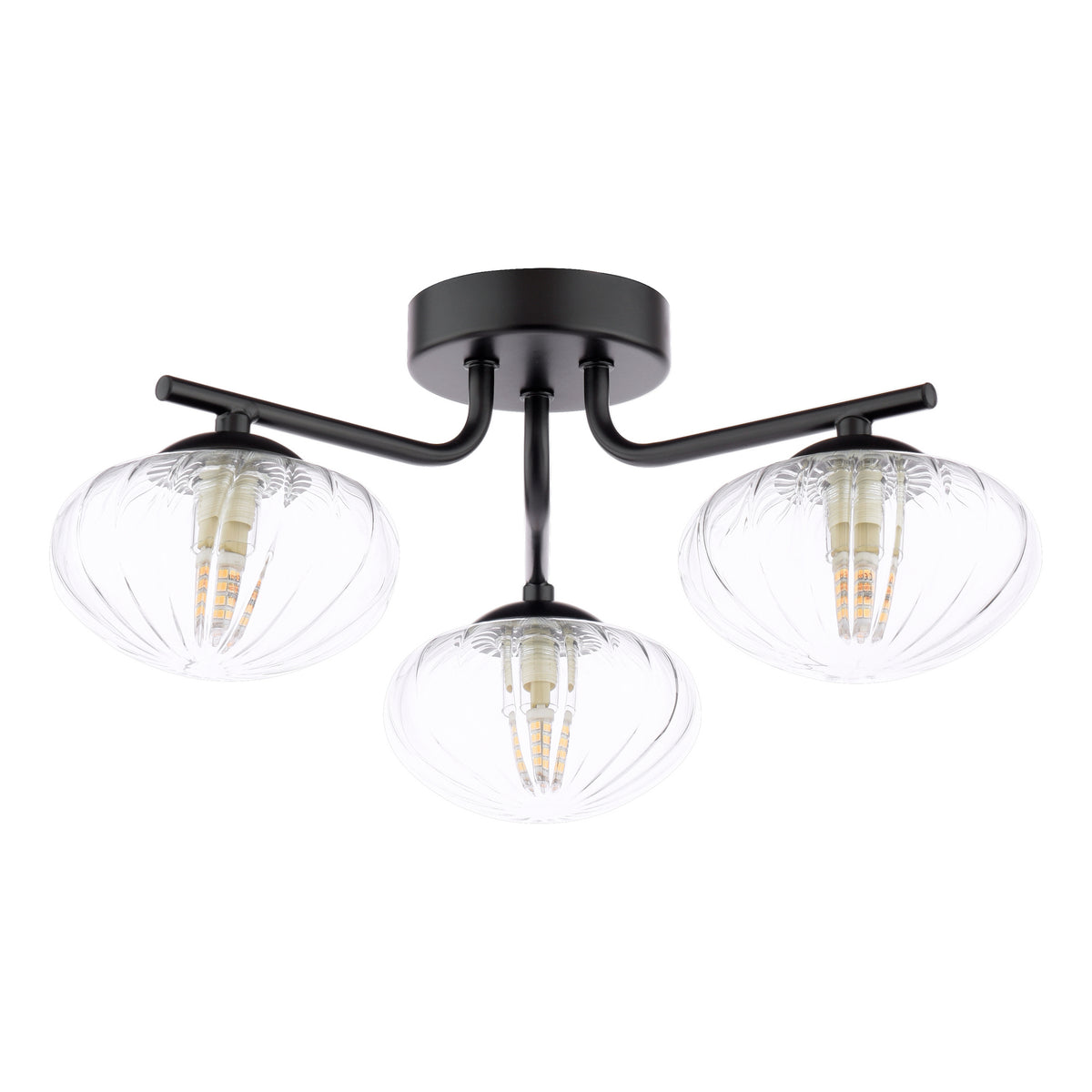Three-light ceiling fixture with black metal frame and clear ribbed glass shades