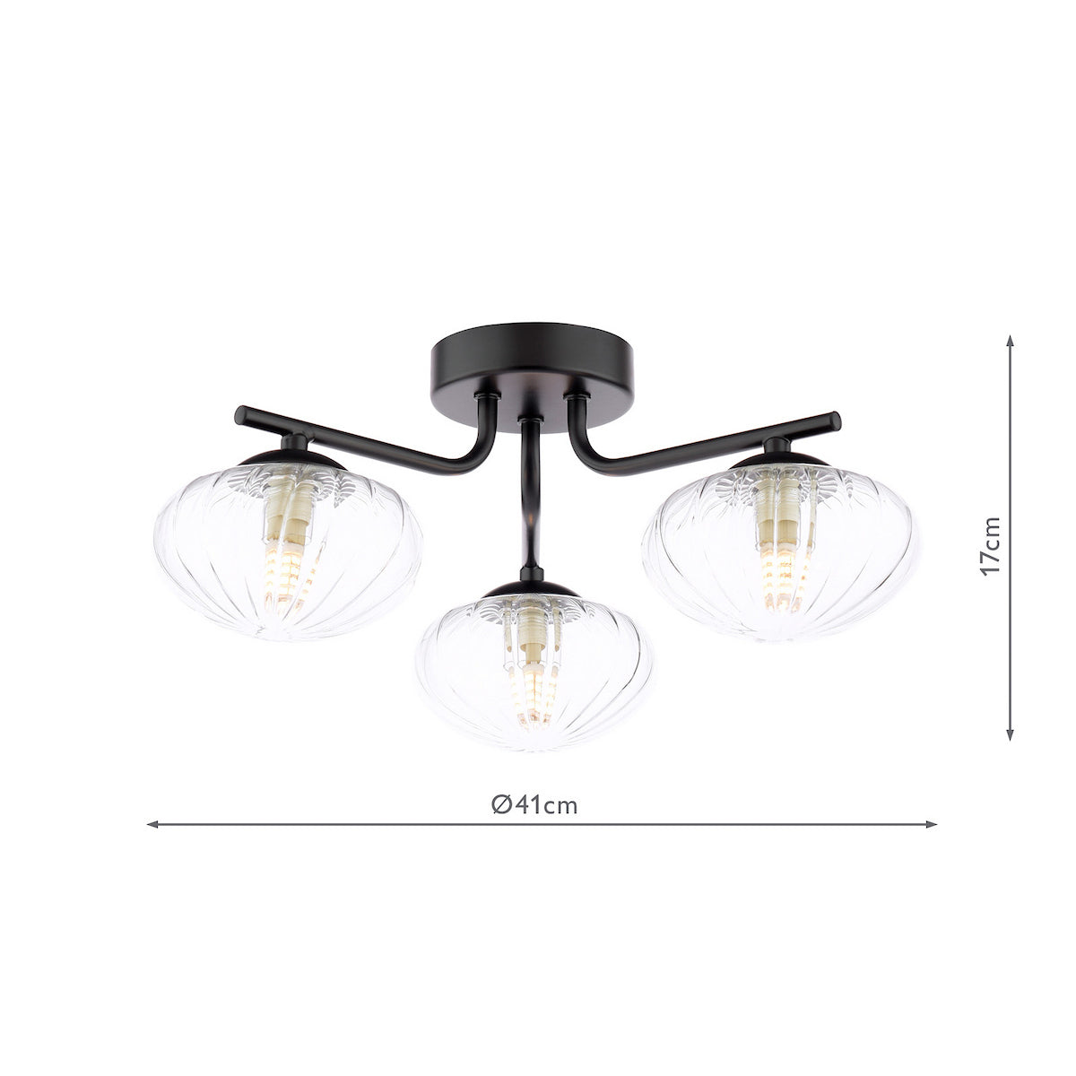 Black ceiling light with three clear fluted glass shades and exposed bulbs, dimensions 41cm wide by 17cm high