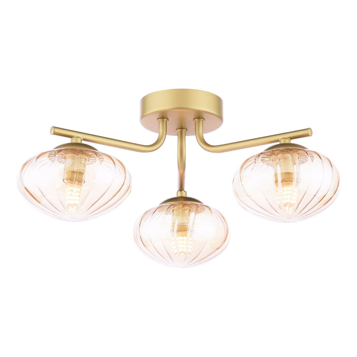 Three light ceiling fixture with gold base and three amber ribbed glass shades