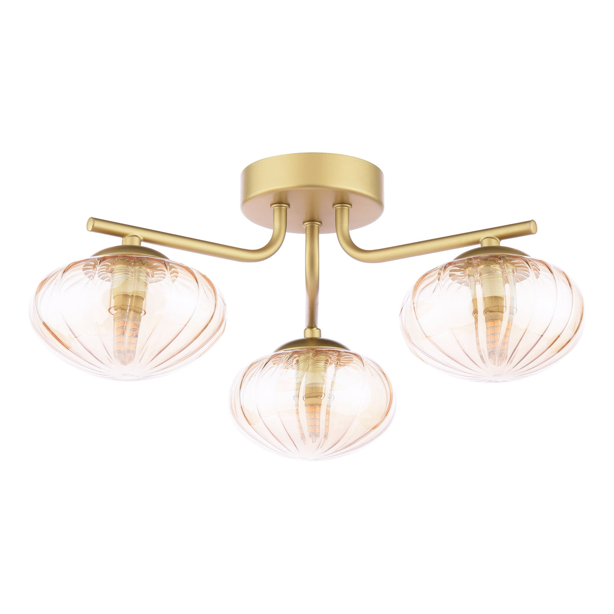 Gold ceiling light with three amber ribbed glass shades