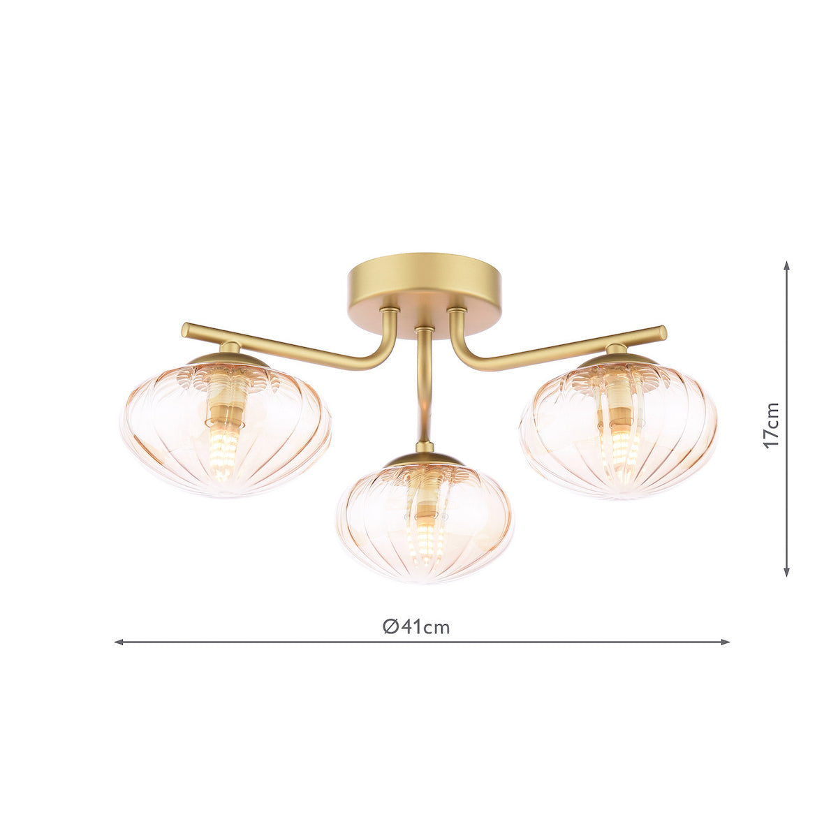 Gold ceiling light with three amber ribbed glass shades, 41cm wide and 17cm high