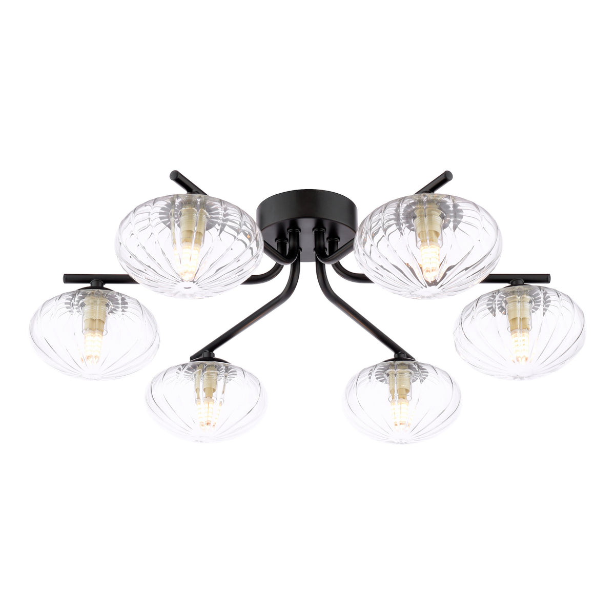Black metal ceiling light with six clear ribbed glass globes, each containing an exposed bulb