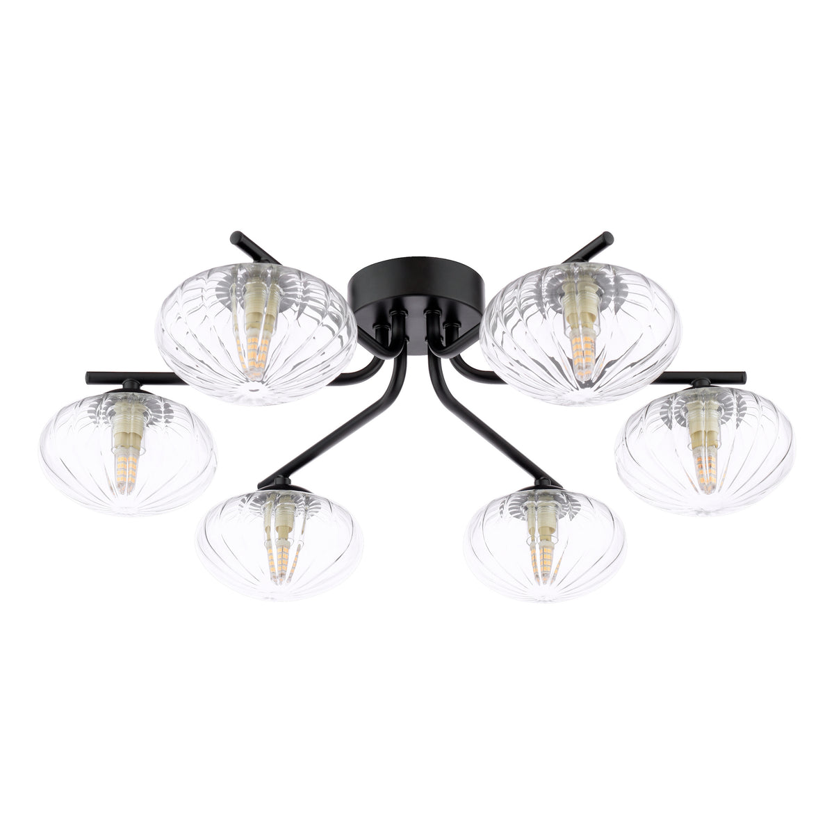 Black metal ceiling light with six clear ribbed glass globes, each containing an LED bulb