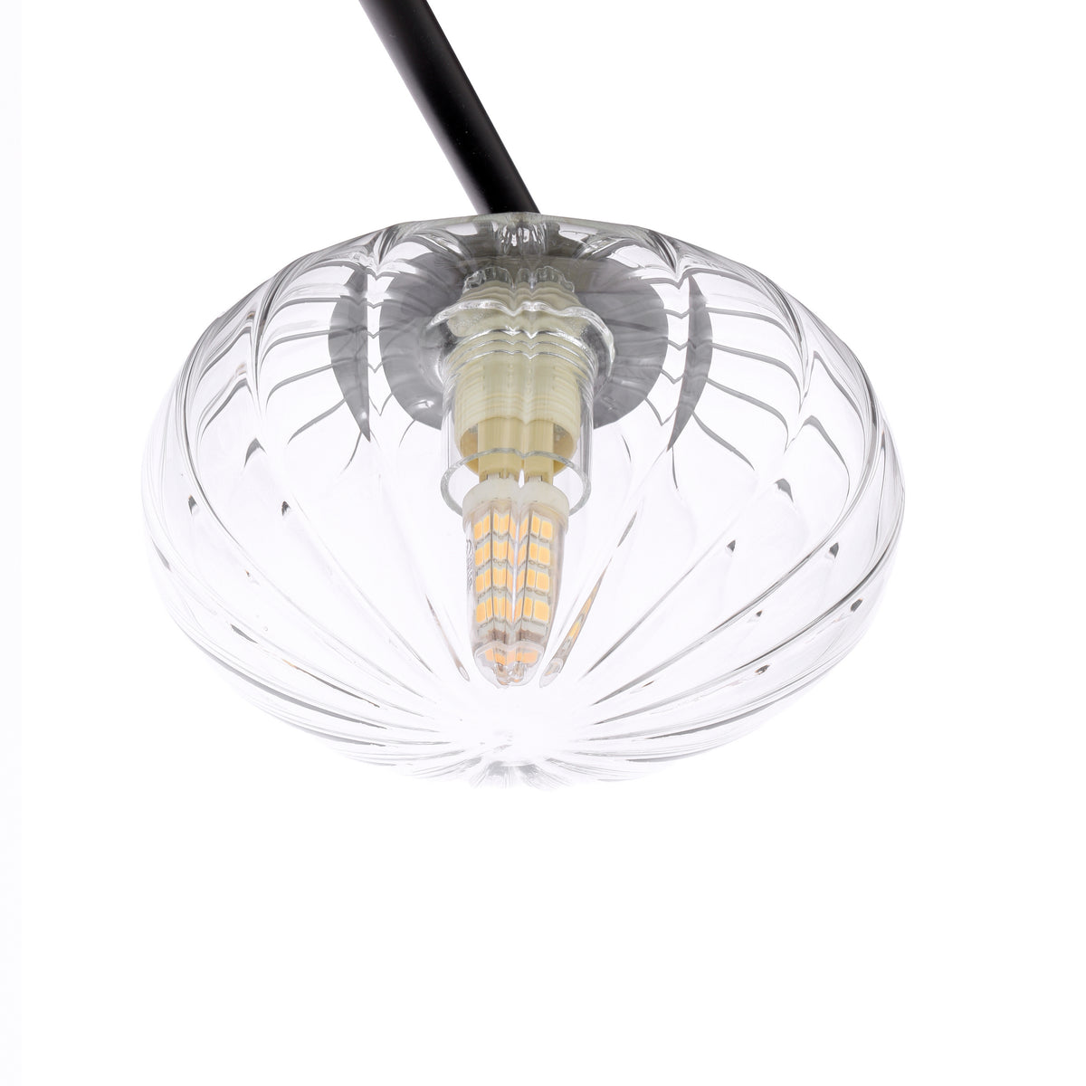Clear glass pendant light with a textured, ribbed surface and an exposed LED bulb