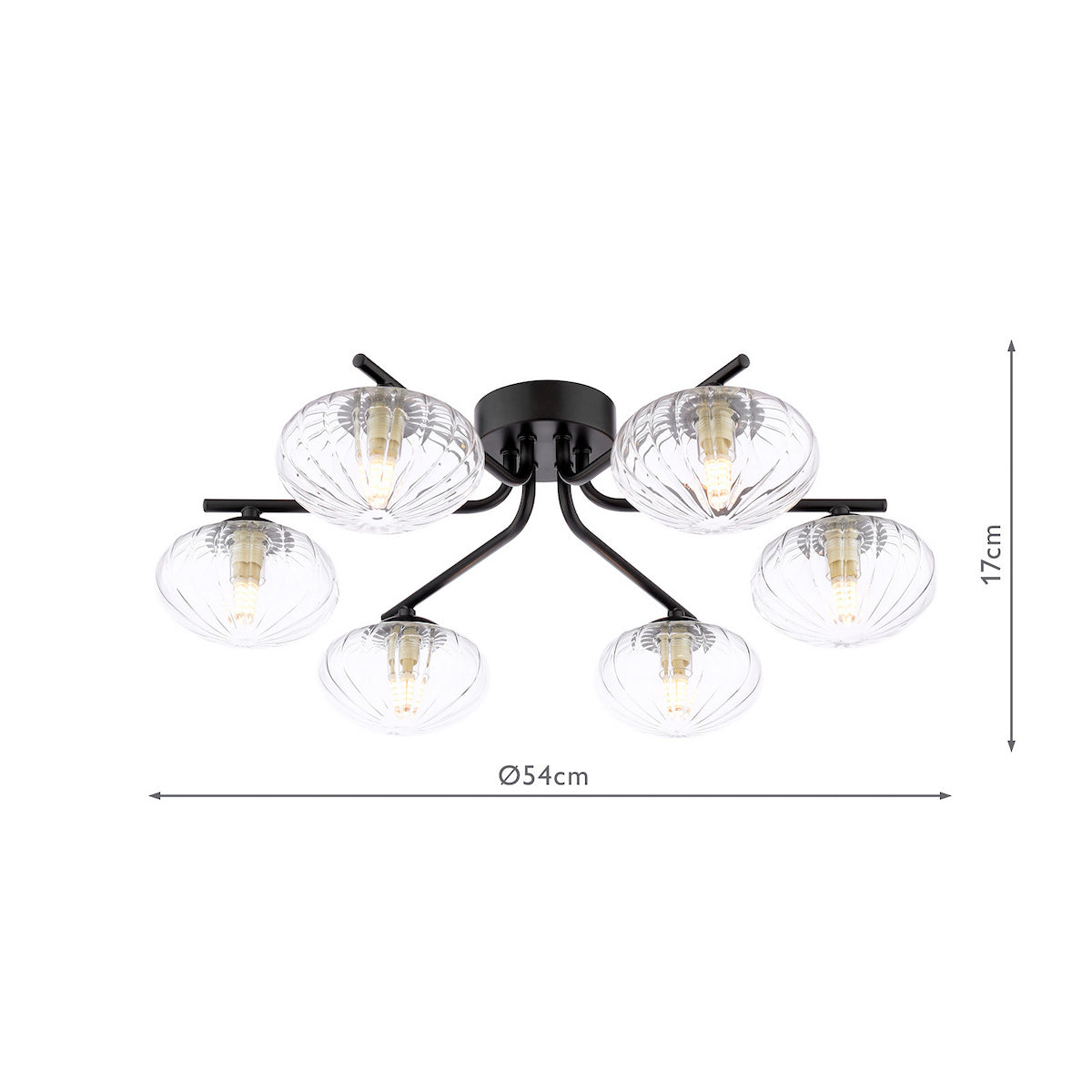 Black ceiling light with six clear ribbed glass shades and exposed bulbs