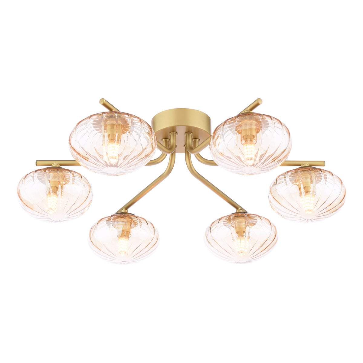 Gold ceiling light with six amber ribbed glass shades