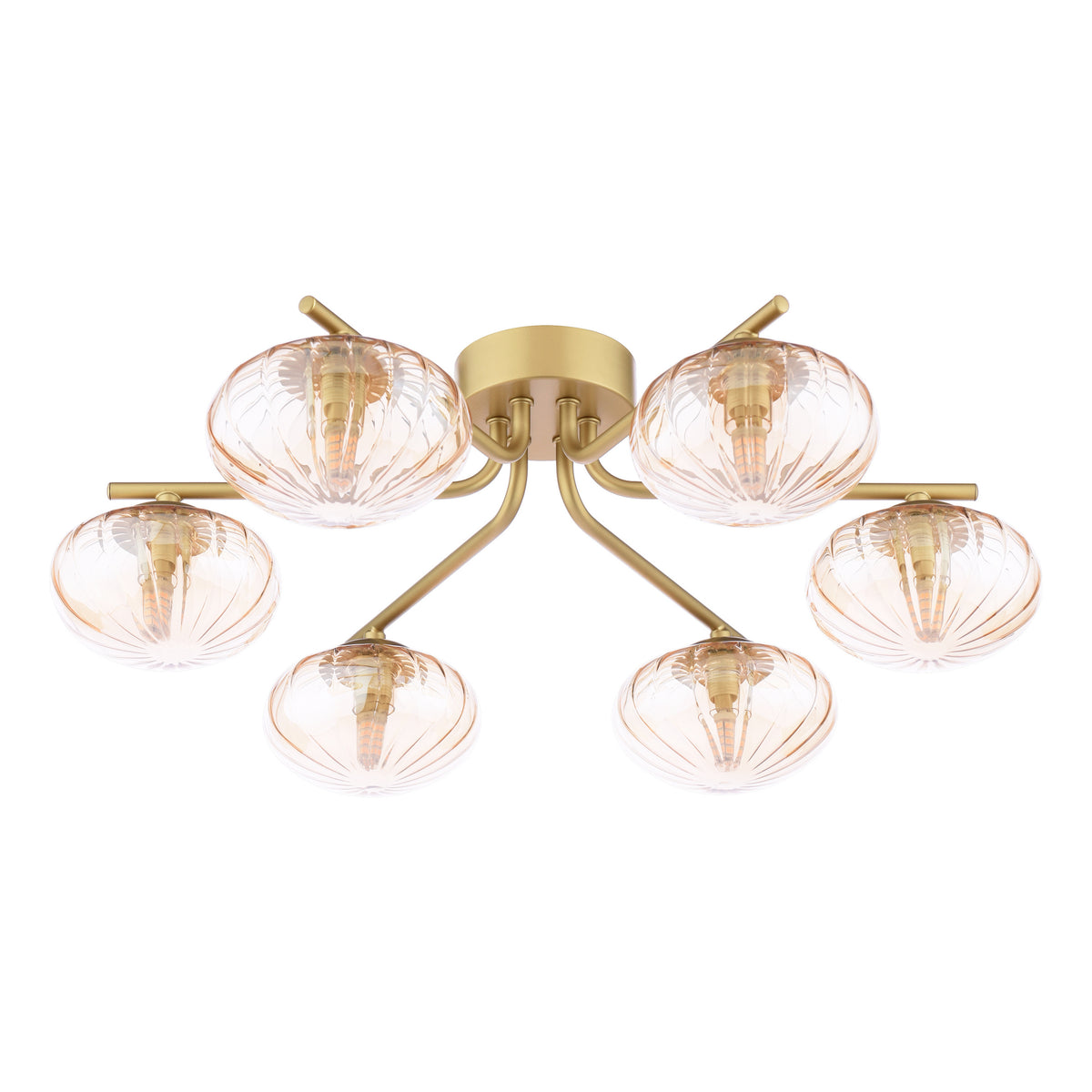 Gold ceiling light with six amber glass shades