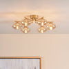 Ede Six Light Semi Flush Ceiling Light in Satin Gold with Moulded Amber Glass Shades