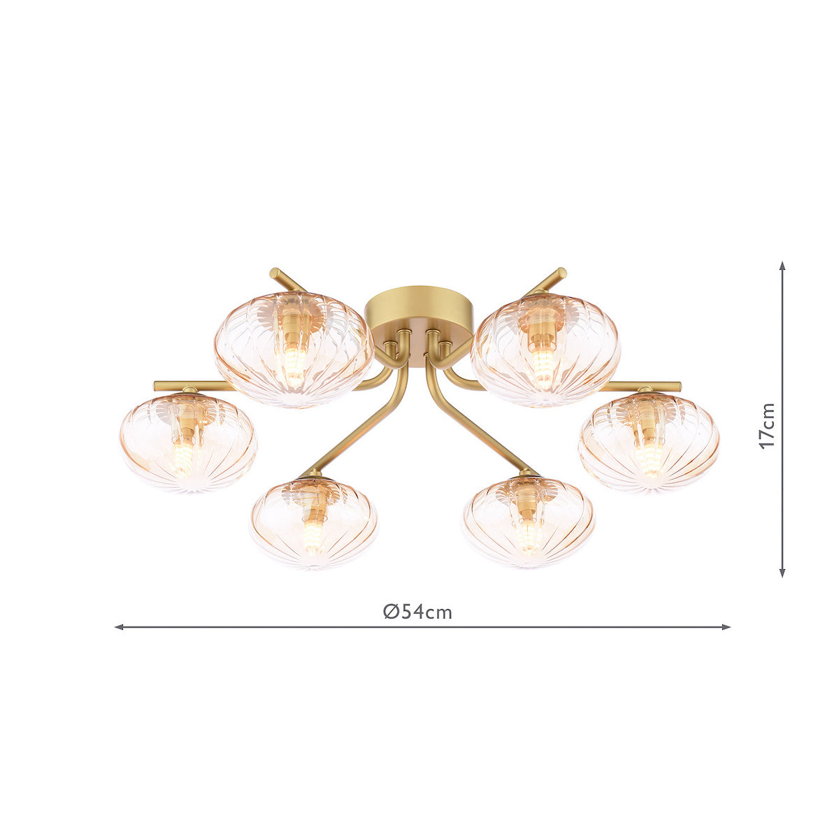 Gold ceiling light with six amber glass shades, 54cm diameter, 17cm height