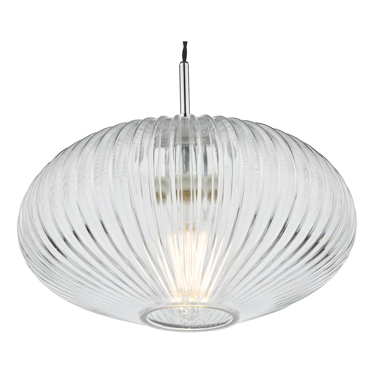 Ribbed glass pendant light with a chrome top and a visible glowing bulb inside.
