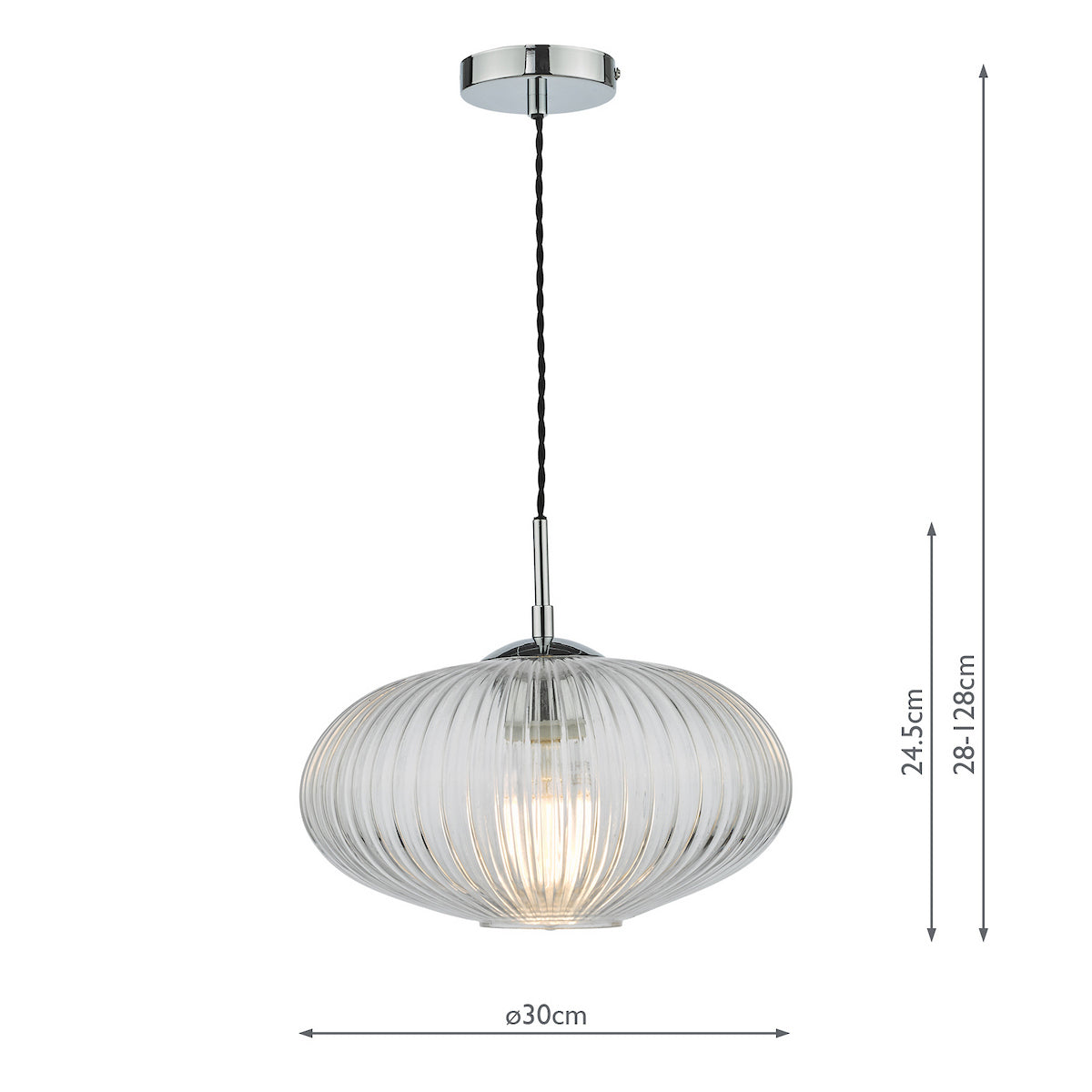 Clear ribbed glass pendant light with chrome accents and dimensions.
