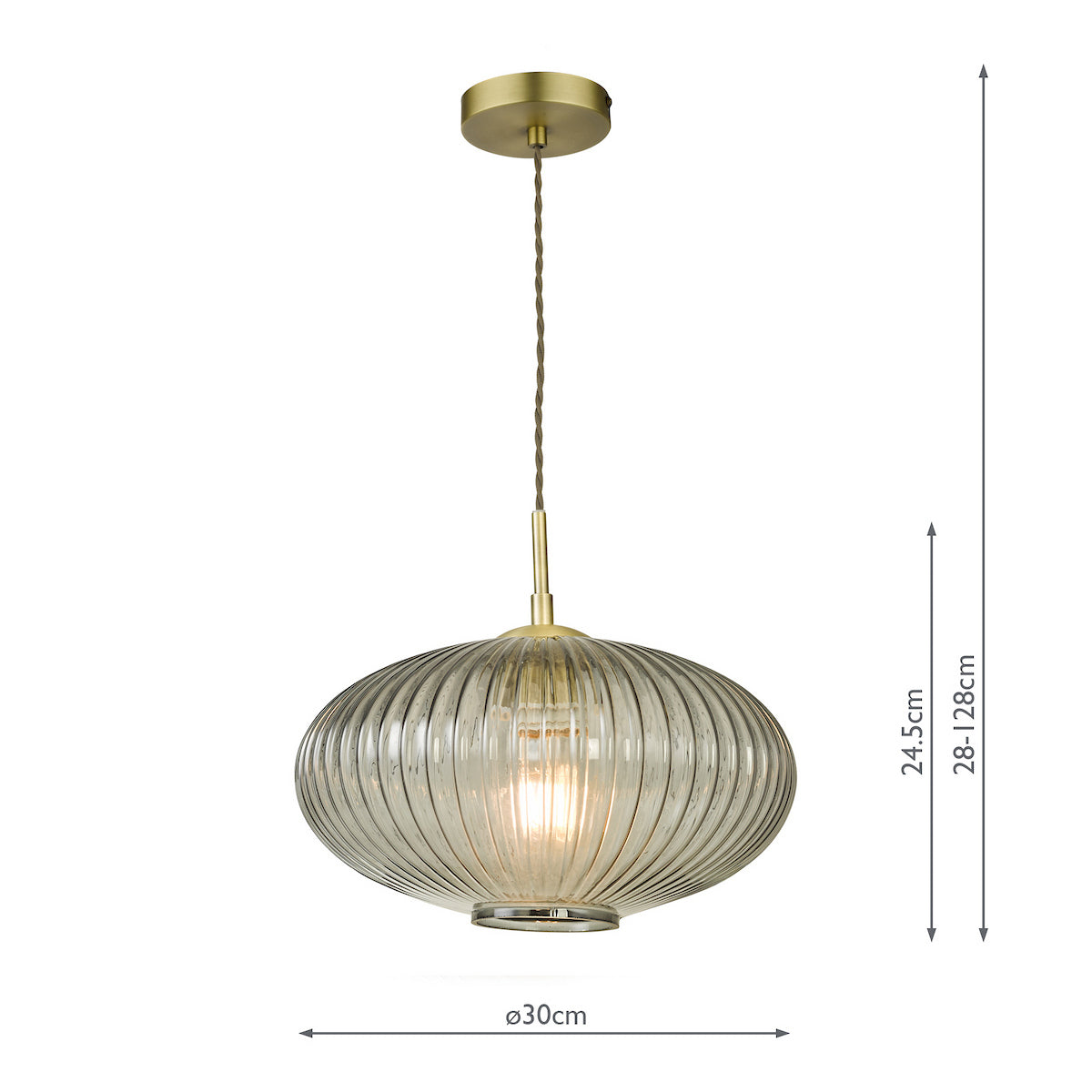 Ribbed glass pendant light with brass accents and exposed bulb, shown with dimensions.