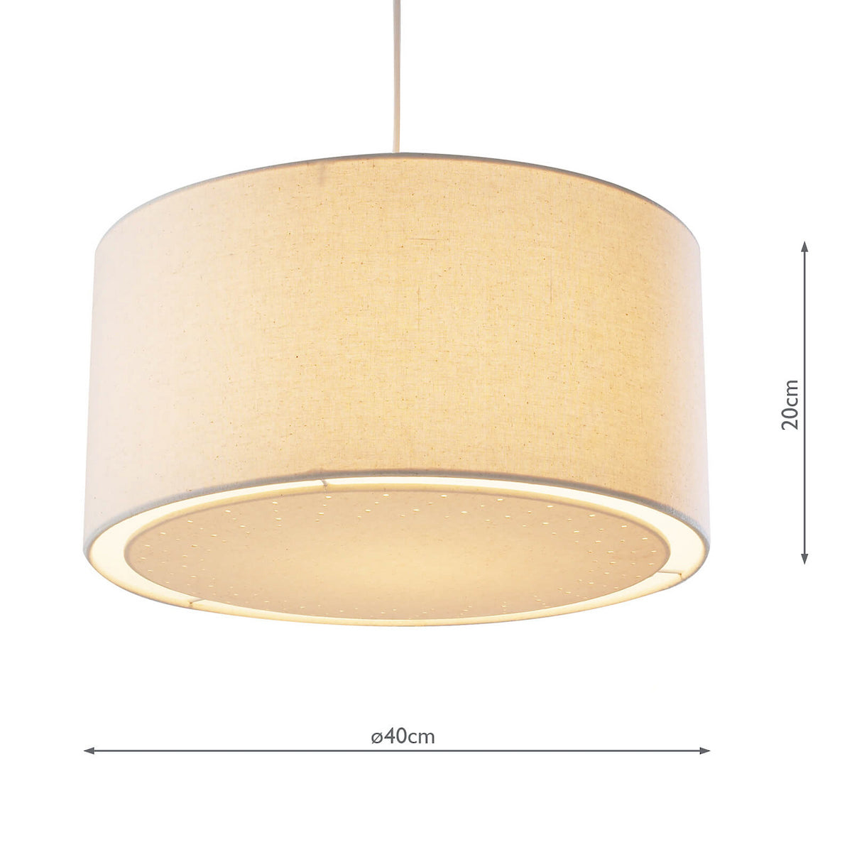 Round fabric pendant light in beige with a perforated diffuser, showing 40cm diameter and 20cm height.