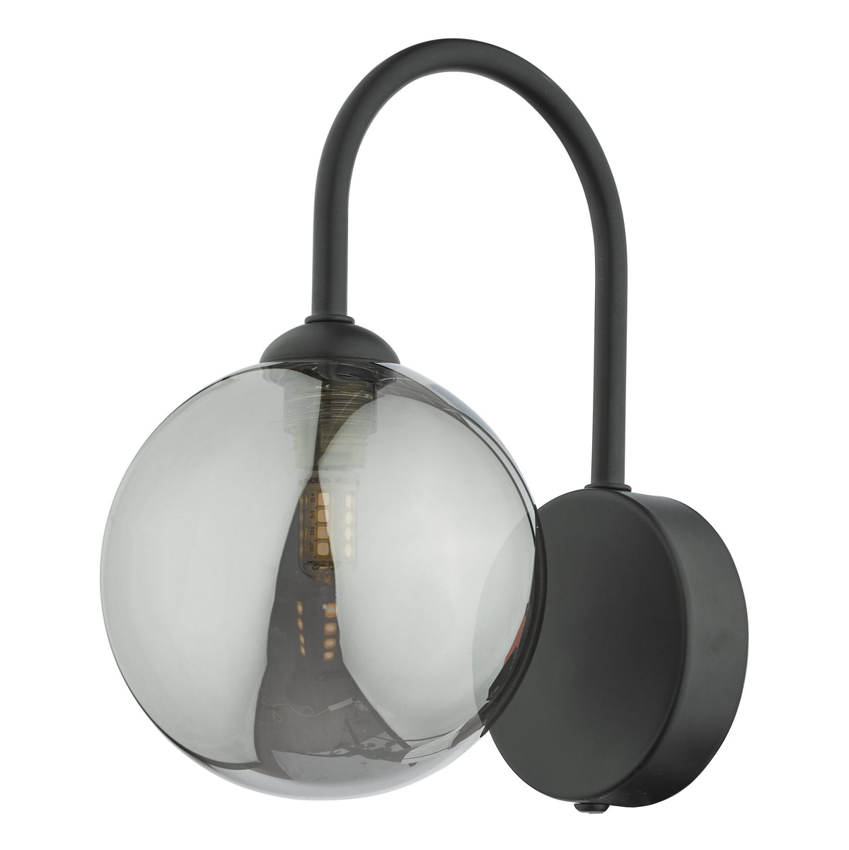 Black wall light with a curved arm and a spherical smoked glass shade