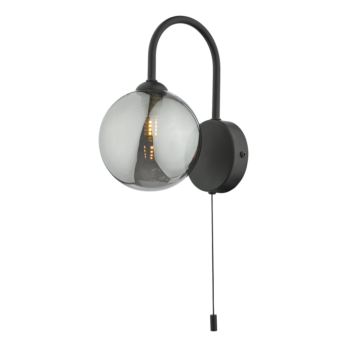 Black wall light with a curved arm and a smoked glass globe shade, featuring a pull cord switch
