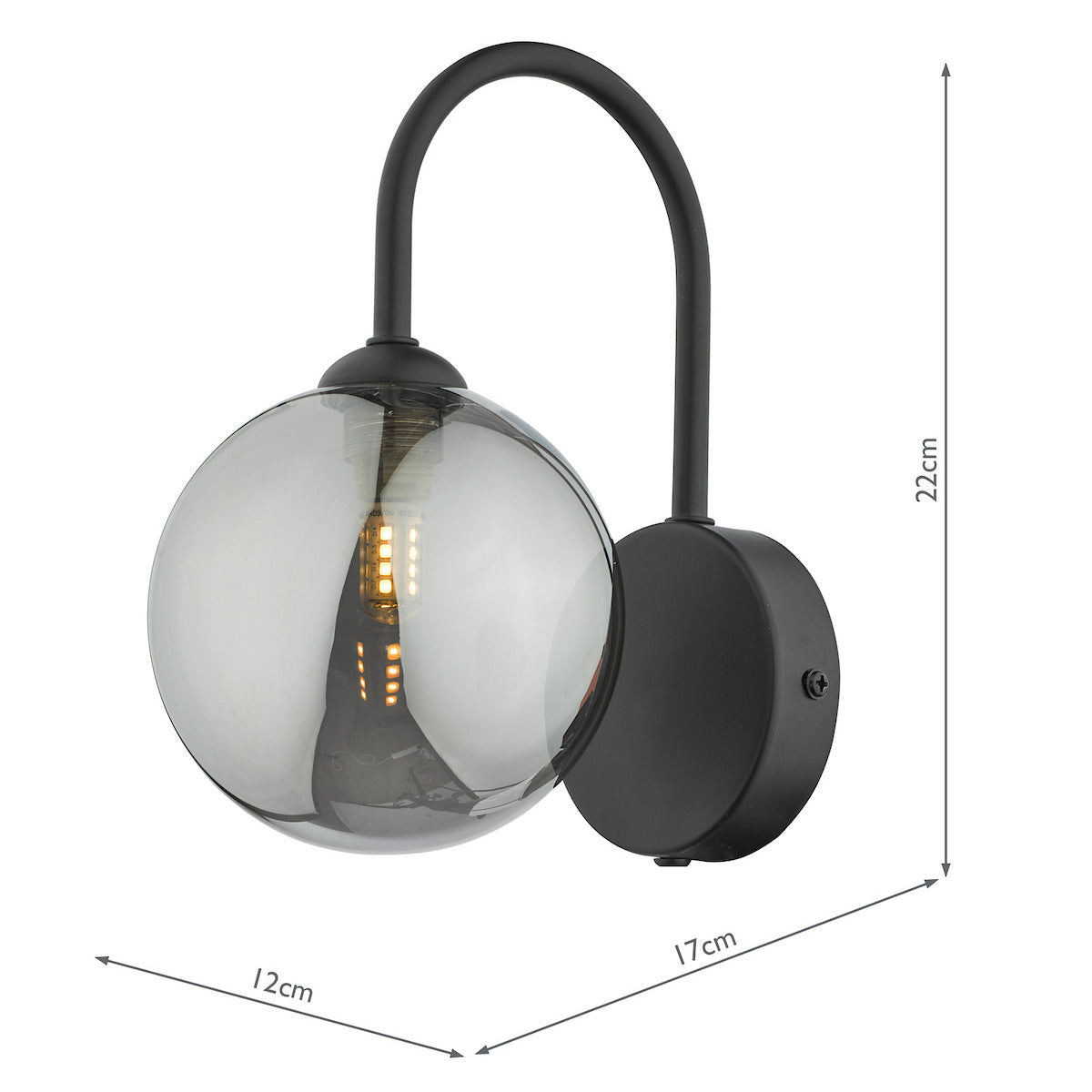Black wall light with a smoked glass globe shade and exposed filament bulb, showing dimensions