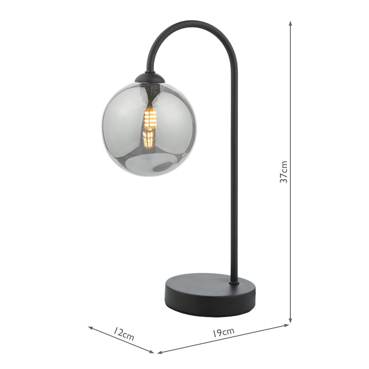Black table lamp with a curved arm and a smoked glass globe shade, showing dimensions of 37cm height, 19cm width, and 12cm depth