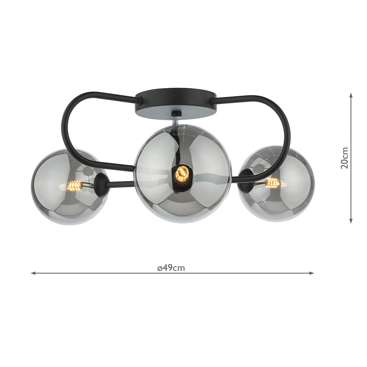 Black ceiling light with three smoked glass globe shades and exposed bulbs, with dimensions 20cm by 49cm