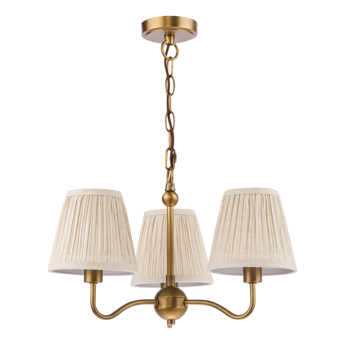 Elara Three Arm Pendant in Antique Bronze with Pleated Linen Shade