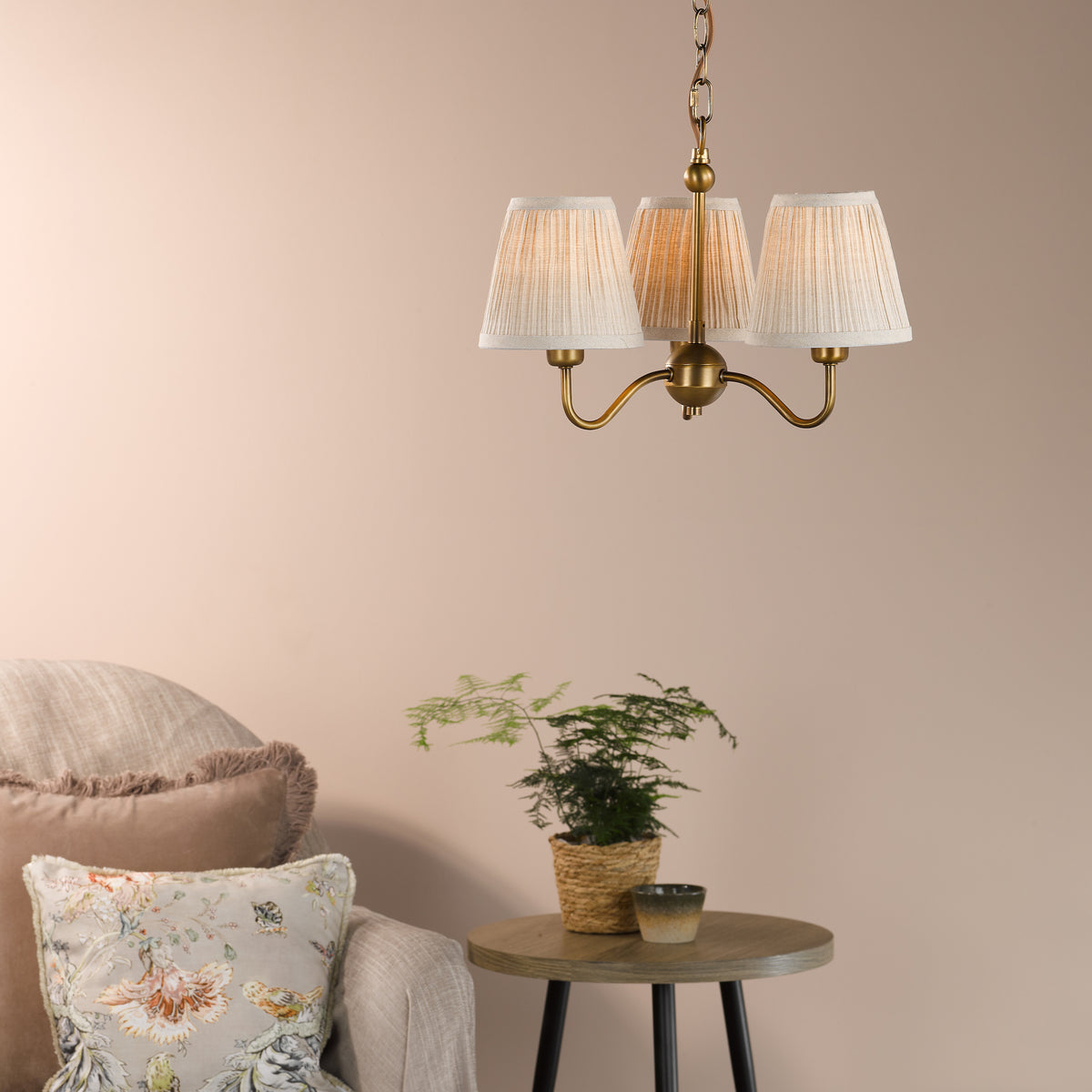 Elara Three Arm Pendant in Antique Bronze with Pleated Linen Shade