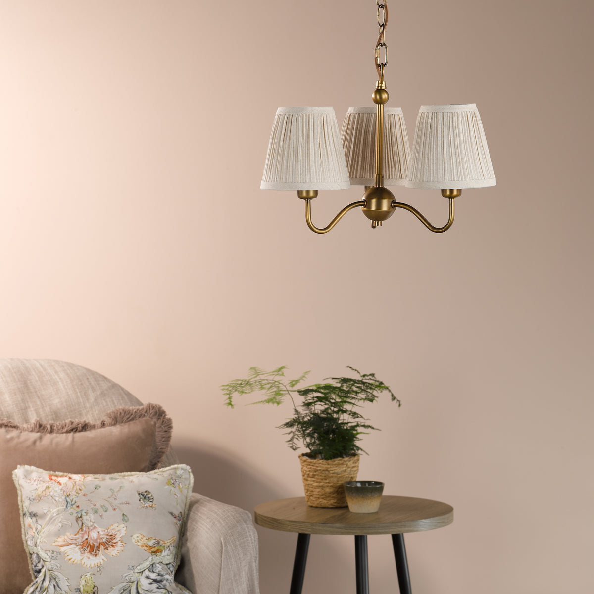 Elara Three Arm Pendant in Antique Bronze with Pleated Linen Shade