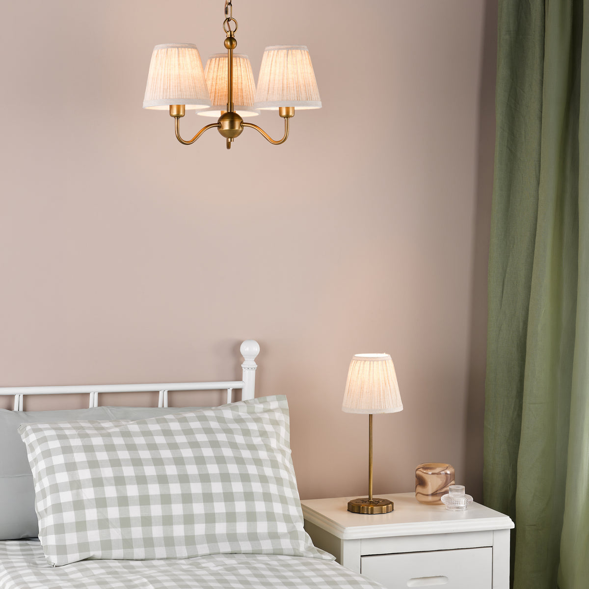 Elara Three Arm Pendant in Antique Bronze with Pleated Linen Shade