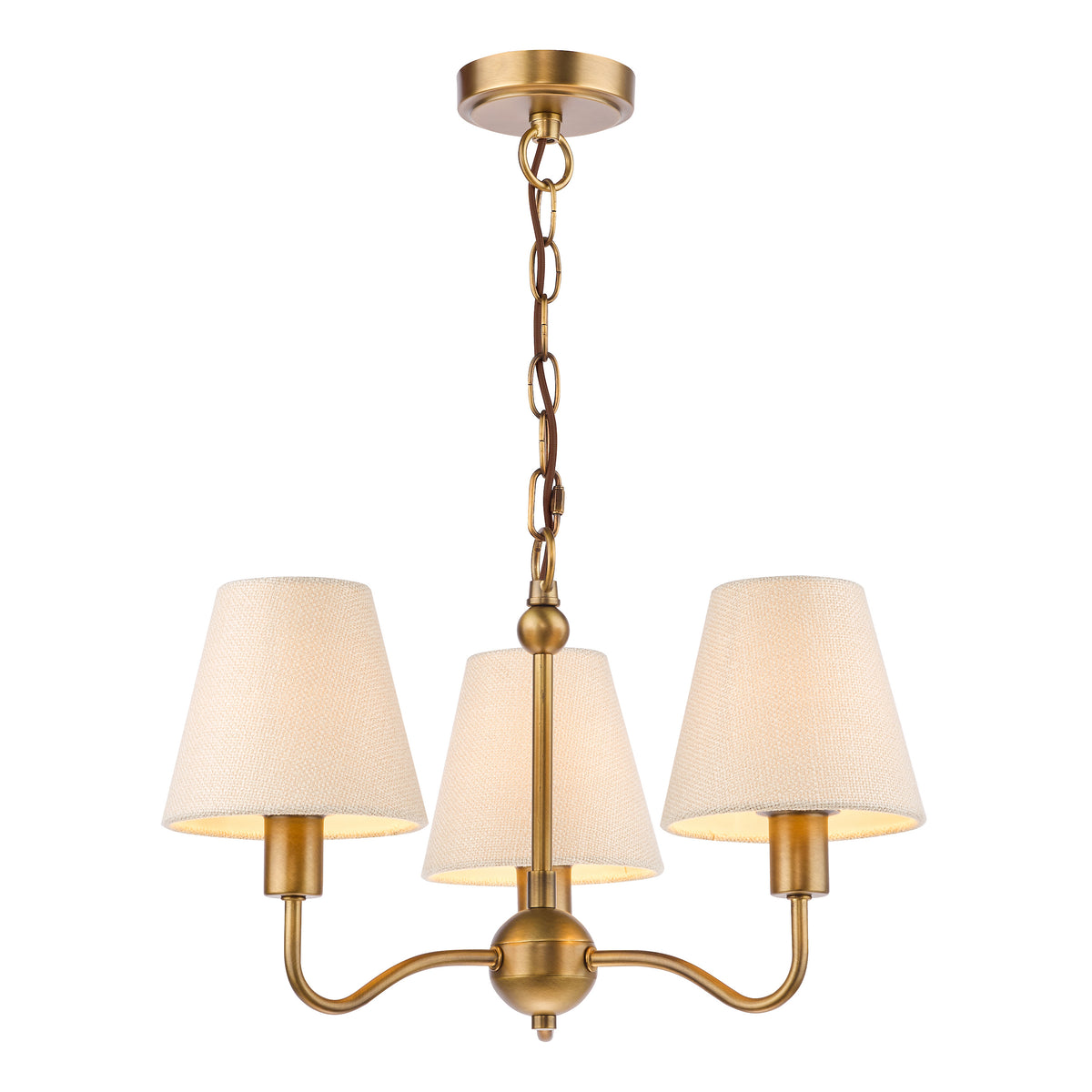 Elara Three Arm Pendant in Antique Bronze with Tapered Linen Shade