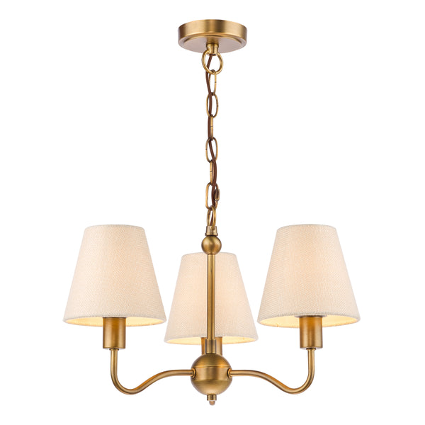 Elara Three Arm Pendant in Antique Bronze with Tapered Linen Shade