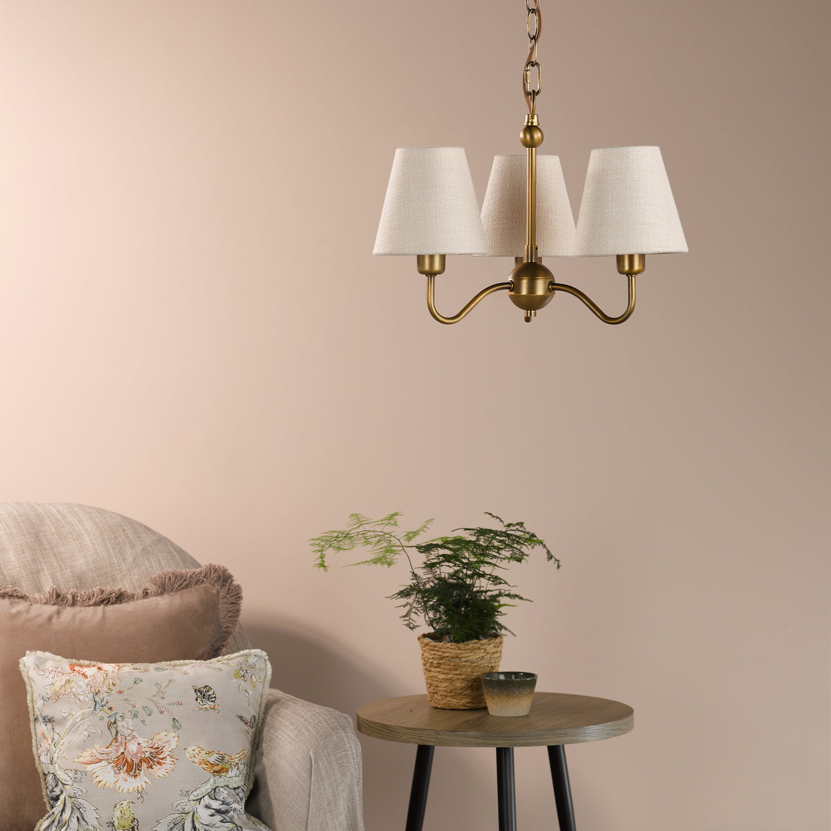 Elara Three Arm Pendant in Antique Bronze with Tapered Linen Shade