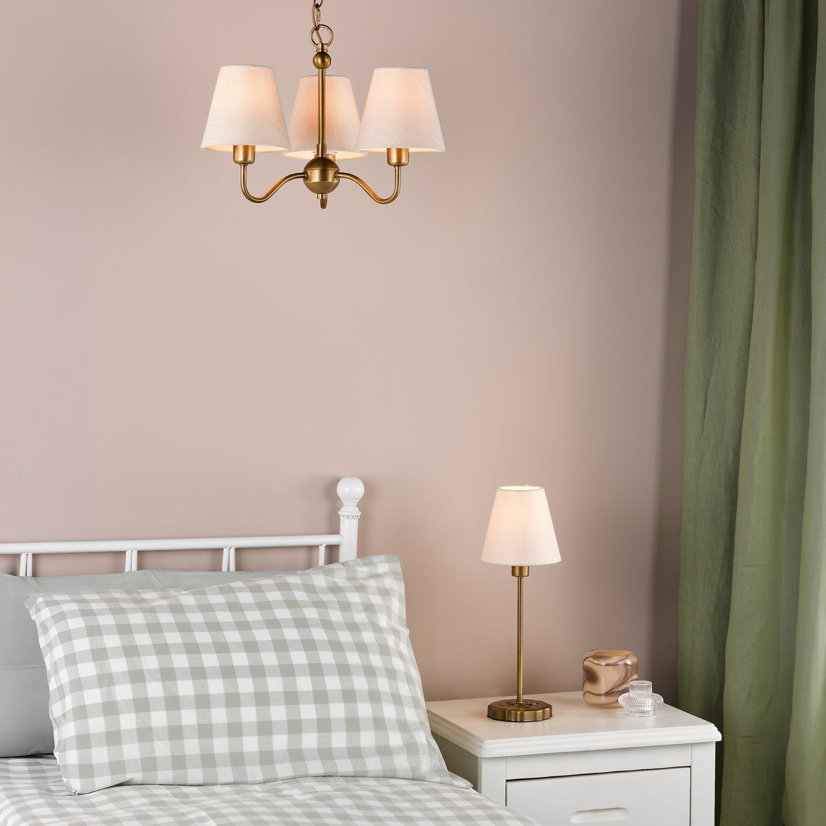 Elara Three Arm Pendant in Antique Bronze with Tapered Linen Shade