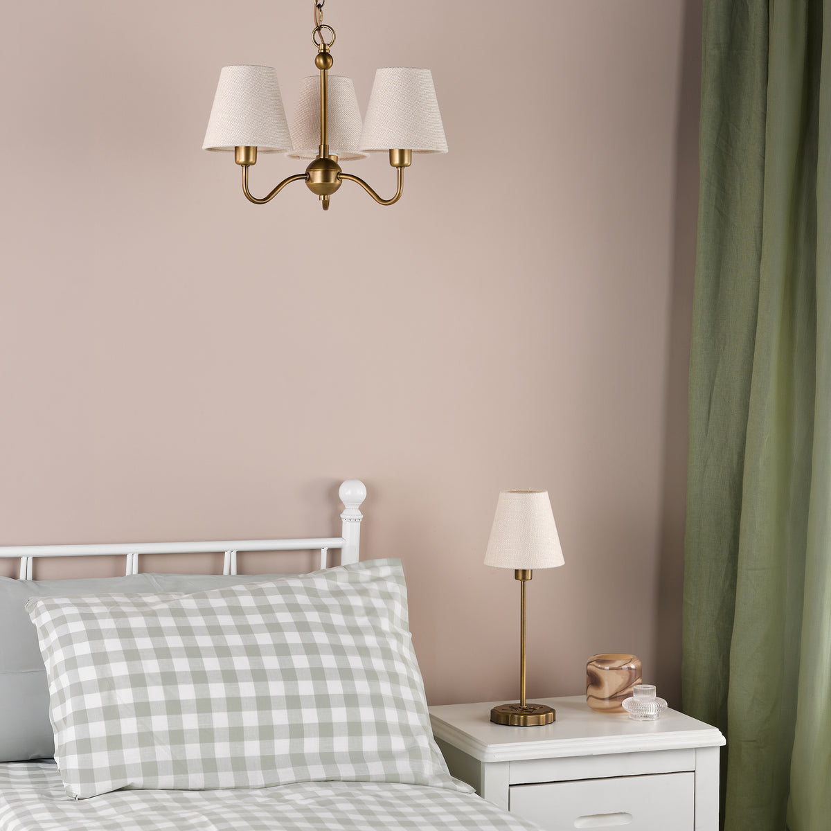 Elara Three Arm Pendant in Antique Bronze with Tapered Linen Shade