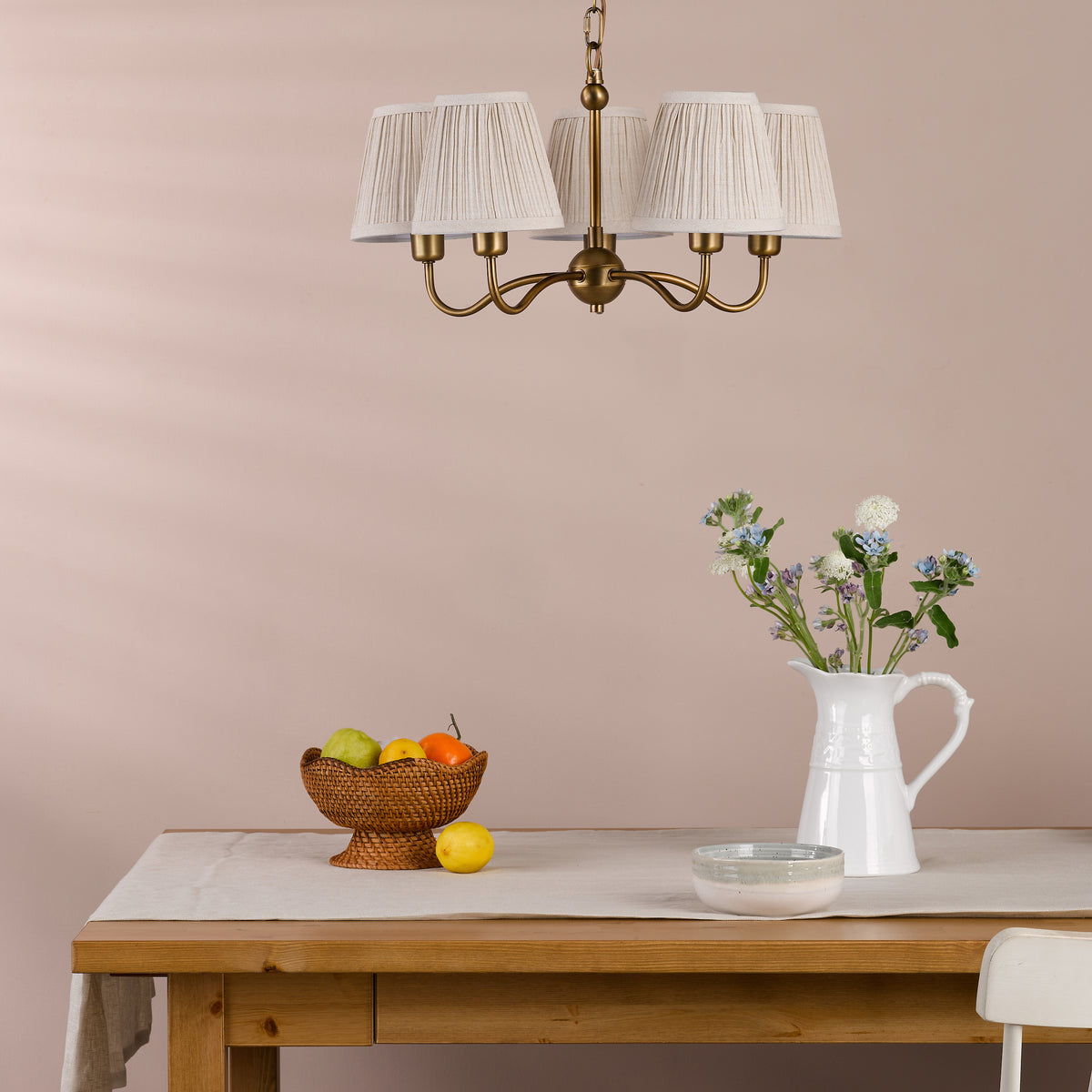 Elara Five Arm Pendant in Antique Bronze with Pleated Linen Shade