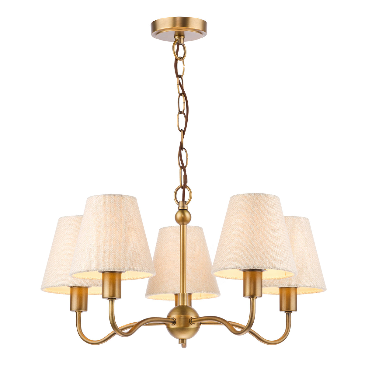 Elara Five Arm Pendant in Antique Bronze with Tapered Linen Shade