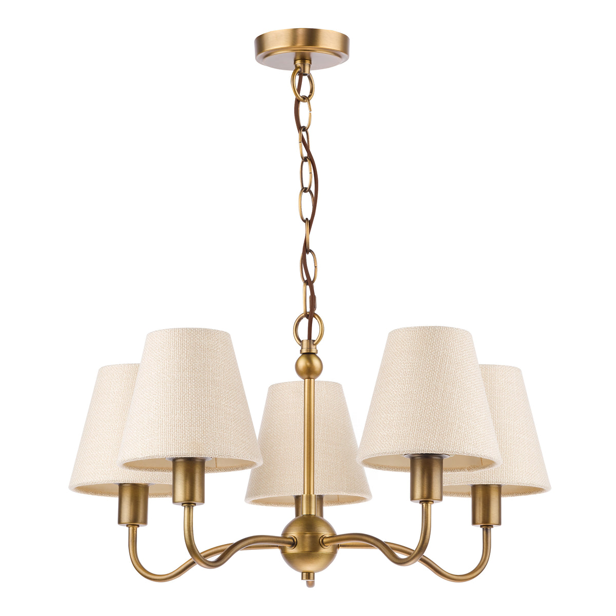 Elara Five Arm Pendant in Antique Bronze with Tapered Linen Shade