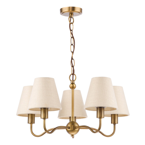 Elara Five Arm Pendant in Antique Bronze with Tapered Linen Shade
