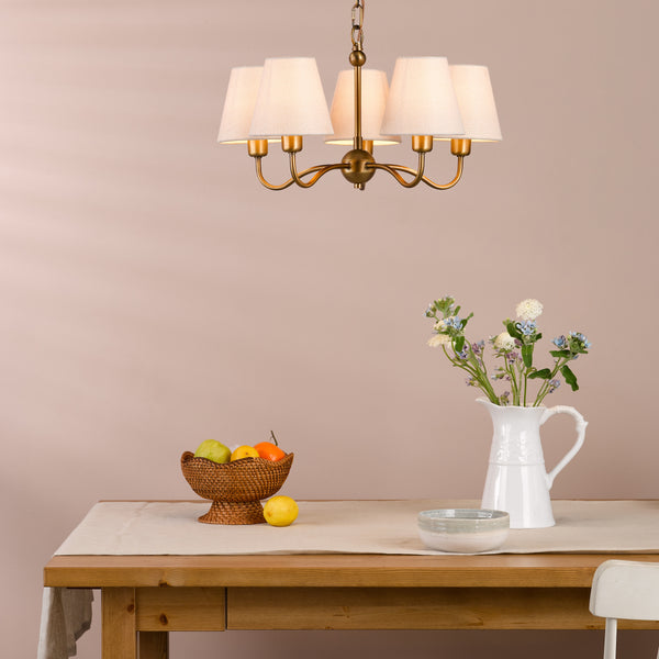 Elara Five Arm Pendant in Antique Bronze with Tapered Linen Shade